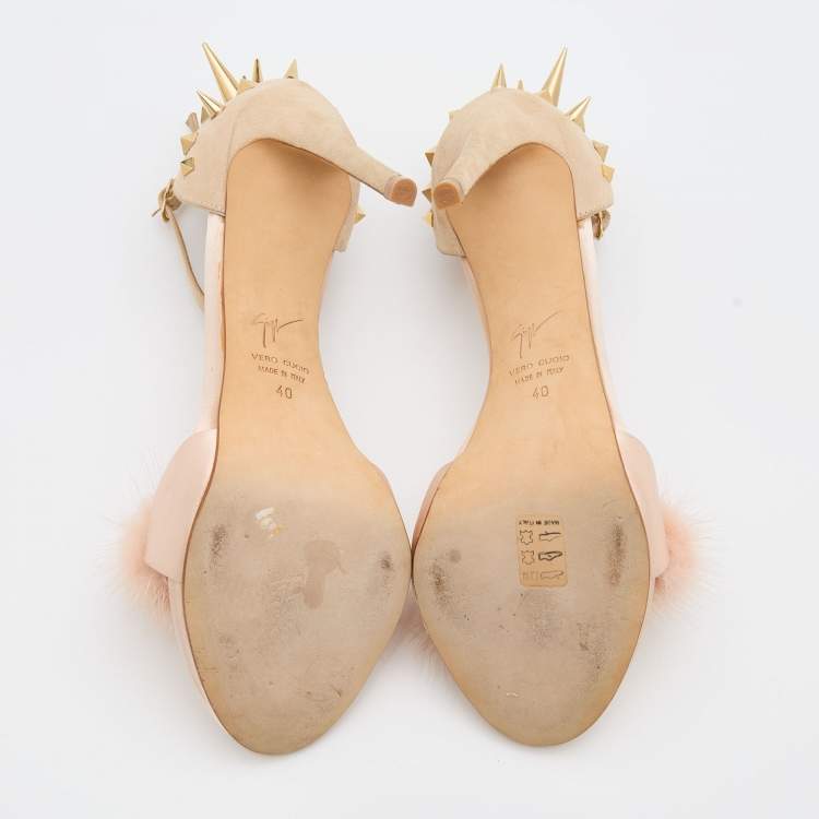 Pre Owned Giuseppe Zanotti Beige Suede, Satin and Mink Fur Spiked Ankle Strap Sandals Size 40