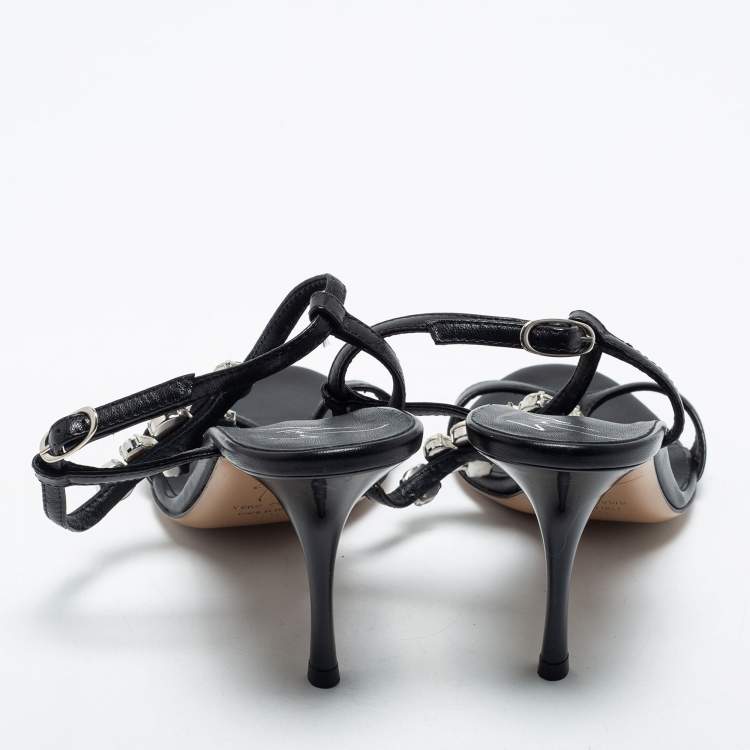 Pre Owned Giuseppe Zanotti Black Leather Crystal Embellished T-Strap Sandals Size 37.5
