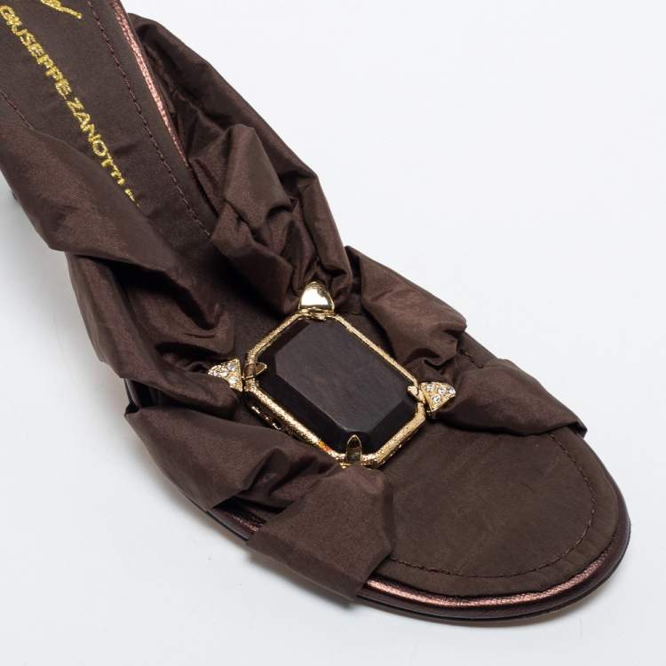 Pre Owned Giuseppe Zanotti Dark Brown Fabric Jewel Embellished Slide Sandals Size 40