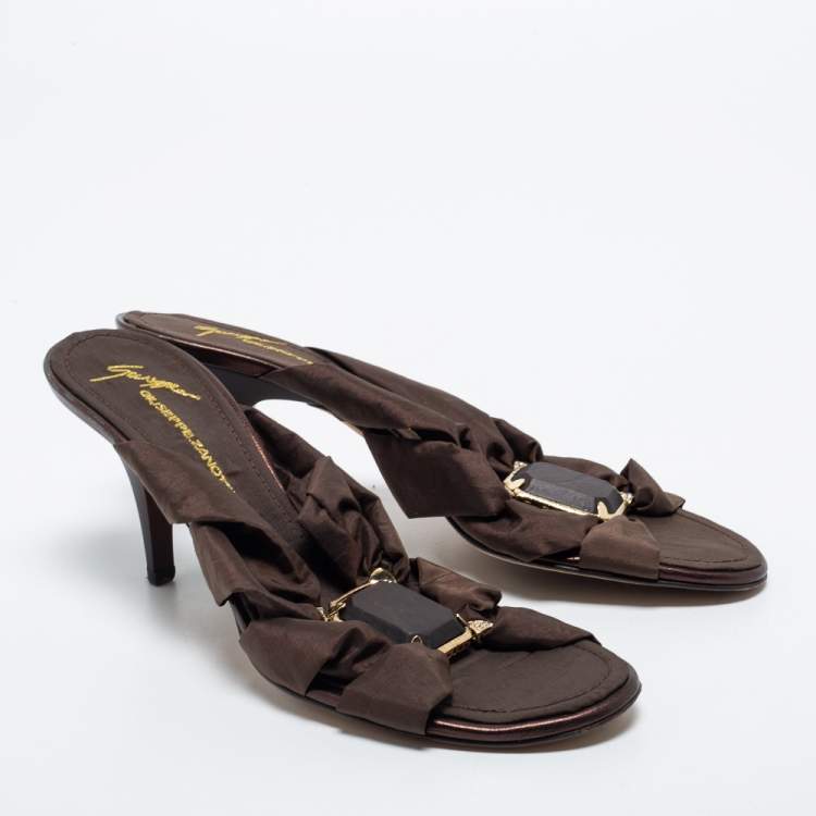Pre Owned Giuseppe Zanotti Dark Brown Fabric Jewel Embellished Slide Sandals Size 40