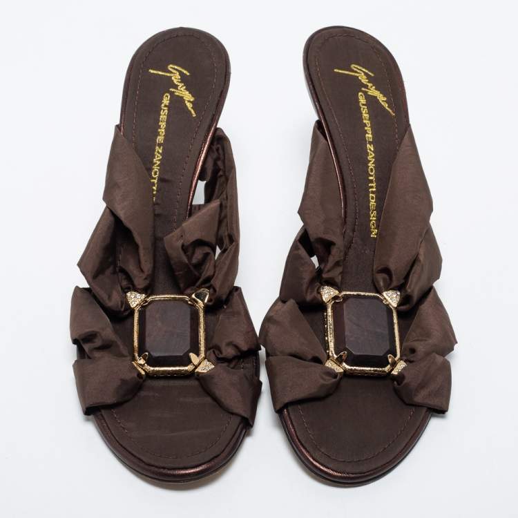 Pre Owned Giuseppe Zanotti Dark Brown Fabric Jewel Embellished Slide Sandals Size 40