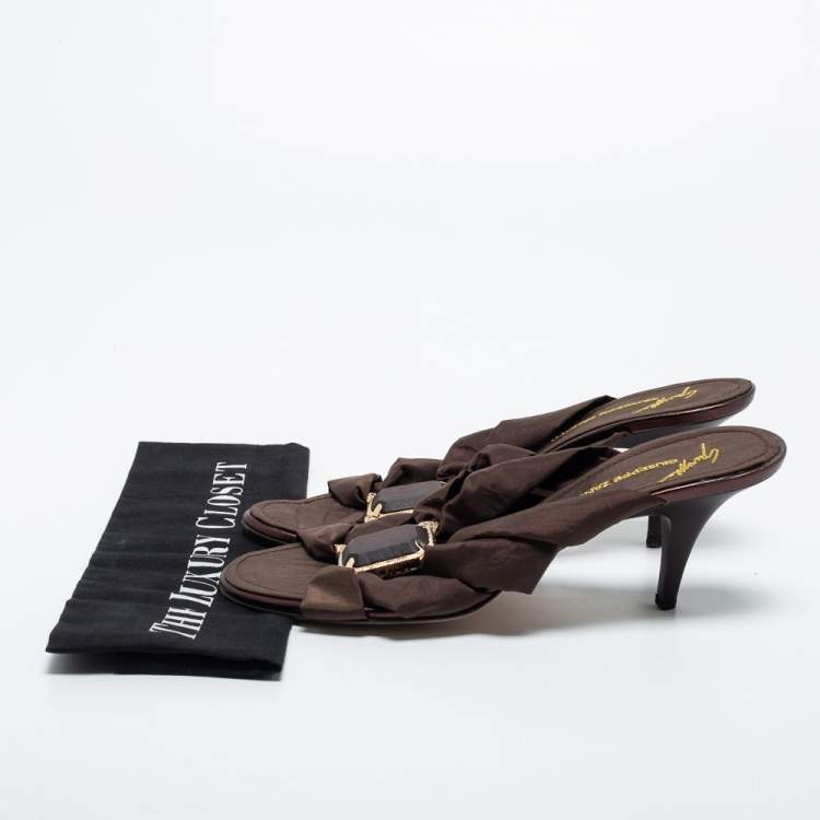 Pre Owned Giuseppe Zanotti Dark Brown Fabric Jewel Embellished Slide Sandals Size 40