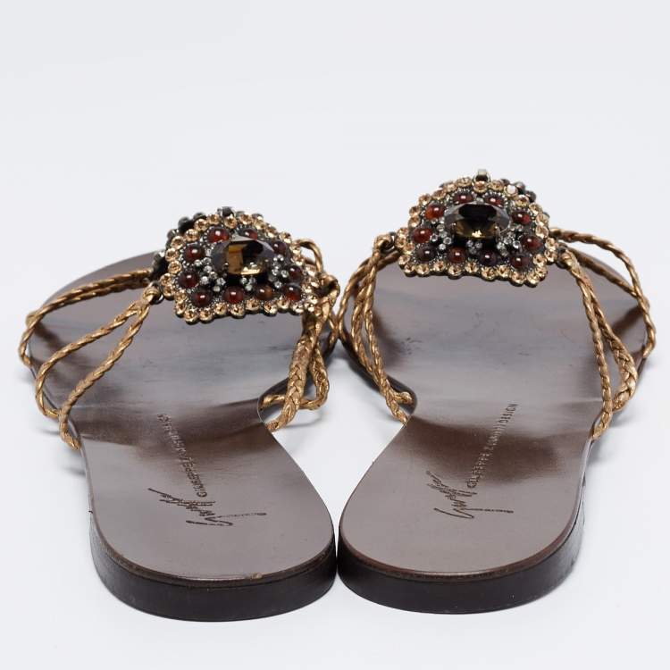 Pre Owned Giuseppe Zanotti Gold Leather Embellished Slide Sandals Size 39
