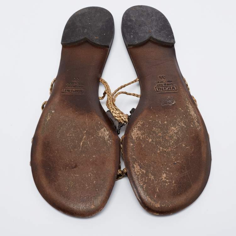 Pre Owned Giuseppe Zanotti Gold Leather Embellished Slide Sandals Size 39