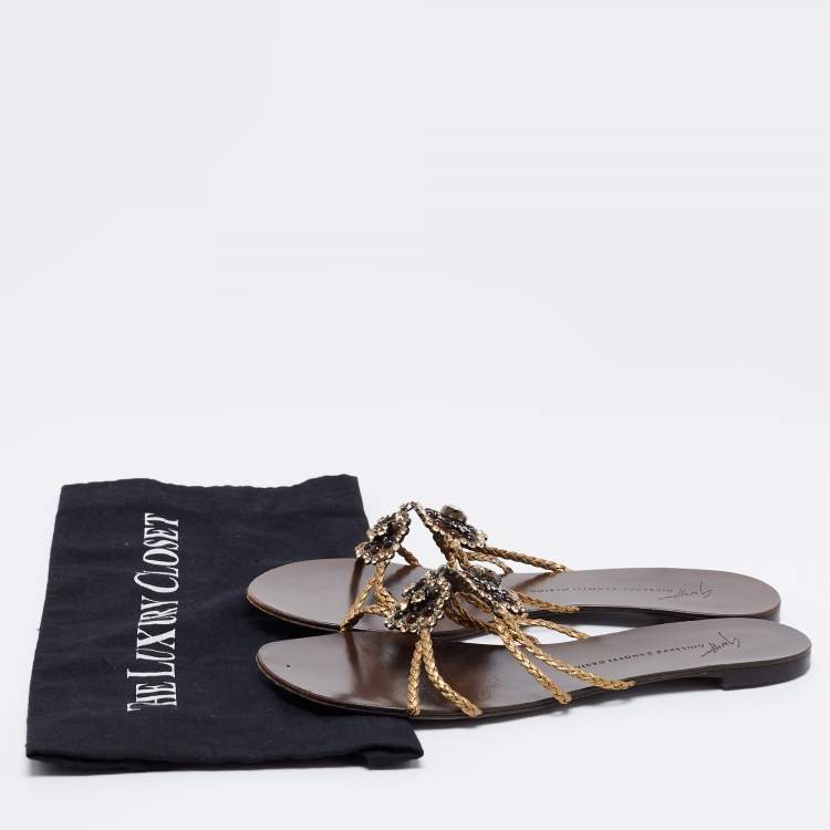 Pre Owned Giuseppe Zanotti Gold Leather Embellished Slide Sandals Size 39