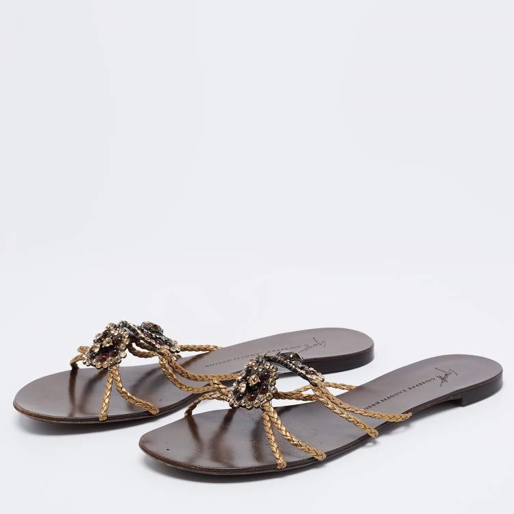 Pre Owned Giuseppe Zanotti Gold Leather Embellished Slide Sandals Size 39
