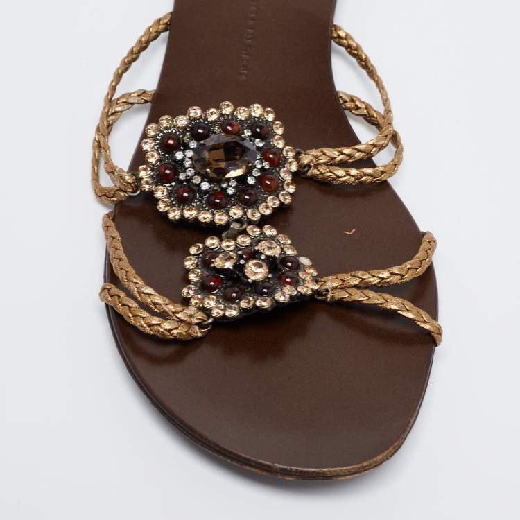 Pre Owned Giuseppe Zanotti Gold Leather Embellished Slide Sandals Size 39