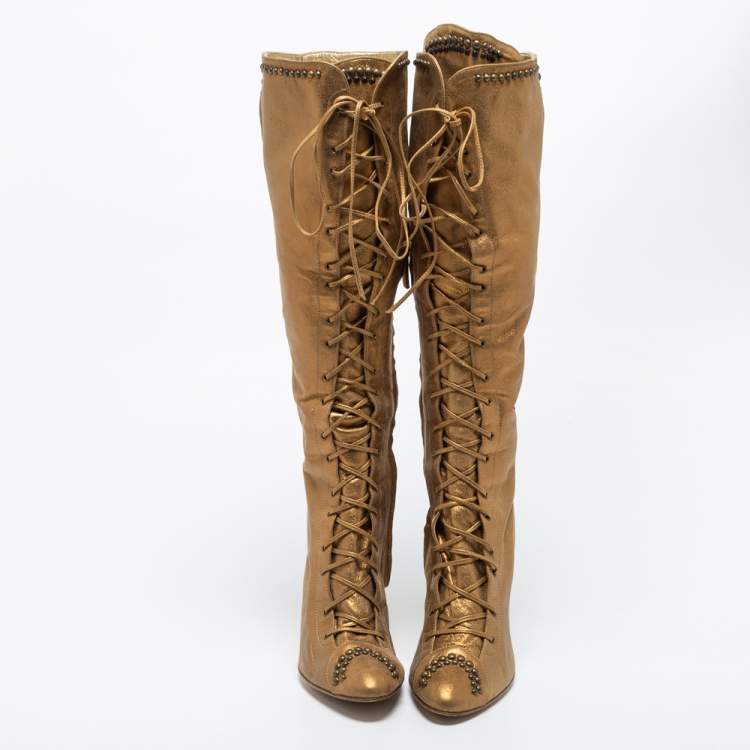 Pre Owned Giuseppe Zanotti Gold Leather Knee Length Boots Size 39.5