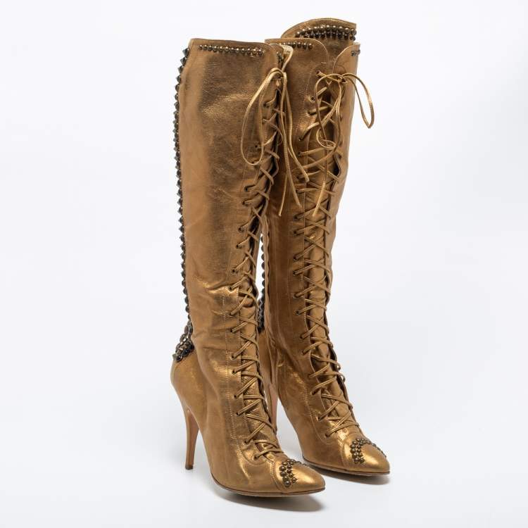 Pre Owned Giuseppe Zanotti Gold Leather Knee Length Boots Size 39.5