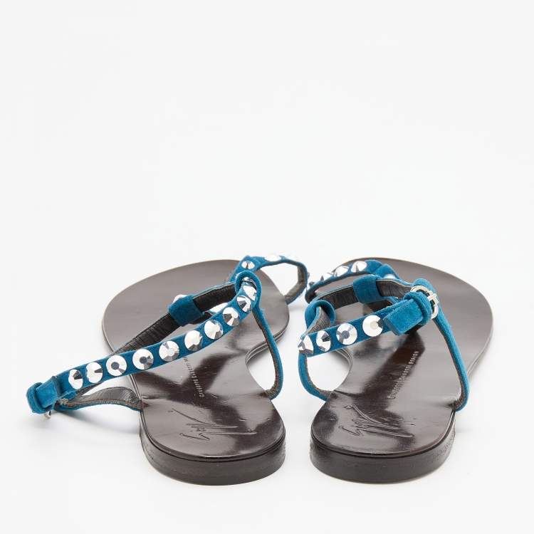 Pre Owned Giuseppe Zanotti Blue Suede Crystal Embellished Thong Flats Size 40.5