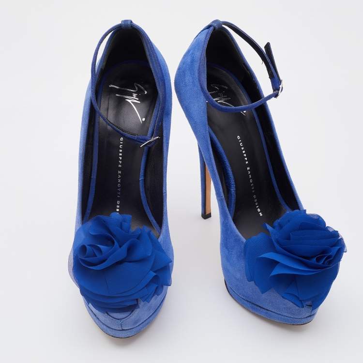 Pre Owned Giuseppe Zanotti Blue Suede Flower Applique Peep Toe Platform Ankle Strap Pumps Size 37