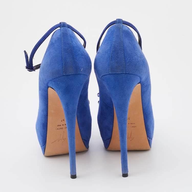 Pre Owned Giuseppe Zanotti Blue Suede Flower Applique Peep Toe Platform Ankle Strap Pumps Size 37