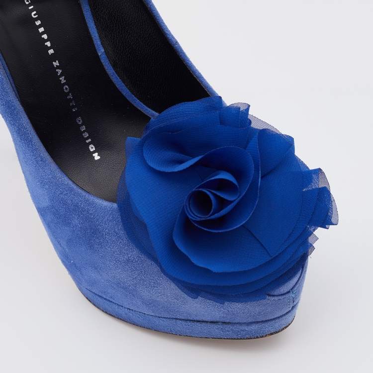 Pre Owned Giuseppe Zanotti Blue Suede Flower Applique Peep Toe Platform Ankle Strap Pumps Size 37