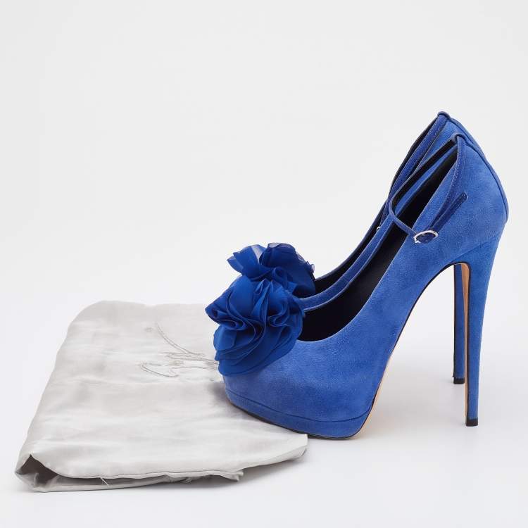 Pre Owned Giuseppe Zanotti Blue Suede Flower Applique Peep Toe Platform Ankle Strap Pumps Size 37
