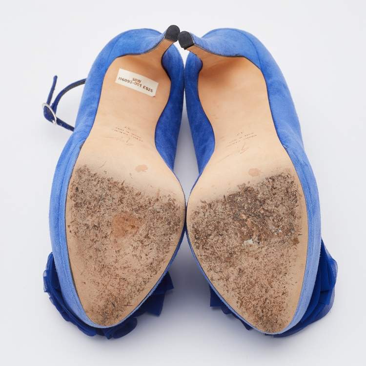 Pre Owned Giuseppe Zanotti Blue Suede Flower Applique Peep Toe Platform Ankle Strap Pumps Size 37