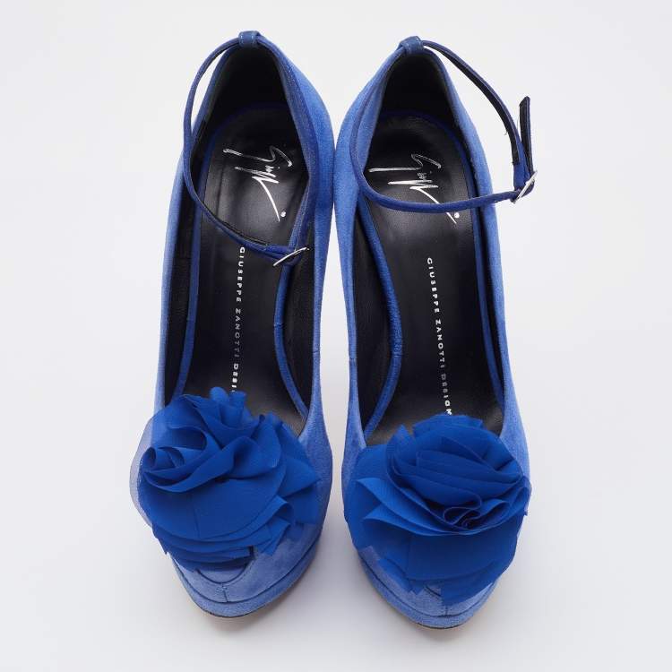 Pre Owned Giuseppe Zanotti Blue Suede Flower Applique Peep Toe Platform Ankle Strap Pumps Size 37