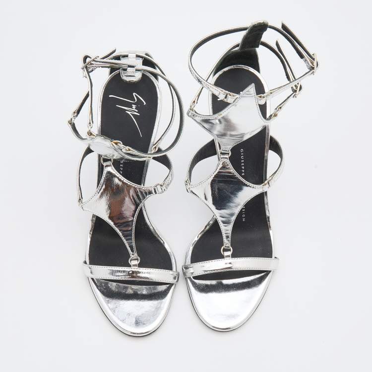 Pre Owned Giuseppe Zanotti Silver Patent Leather Strappy Gladiator Sandals Size 37.5