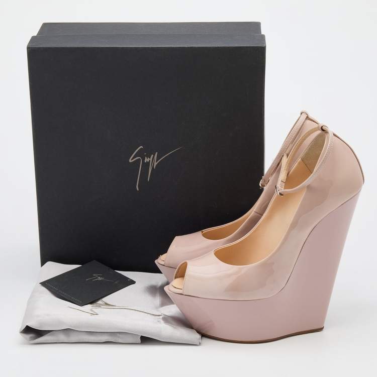 Pre Owned Giuseppe Zanotti Pink Patent Leather Wedge Platform Ankle Strap Pumps Size 38