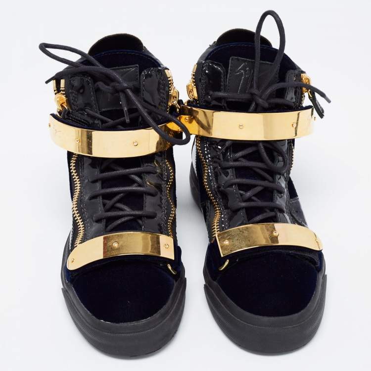 Pre Owned Giuseppe Zanotti Navy Blue/Black Velvet, Patent and Leather Coby High Top Sneakers Size 39