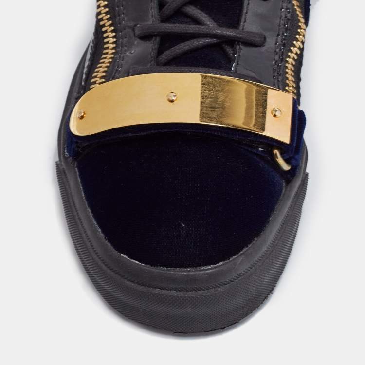 Pre Owned Giuseppe Zanotti Navy Blue/Black Velvet, Patent and Leather Coby High Top Sneakers Size 39
