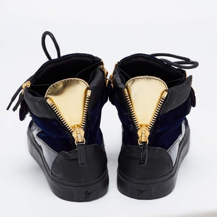 Pre Owned Giuseppe Zanotti Navy Blue/Black Velvet, Patent and Leather Coby High Top Sneakers Size 39