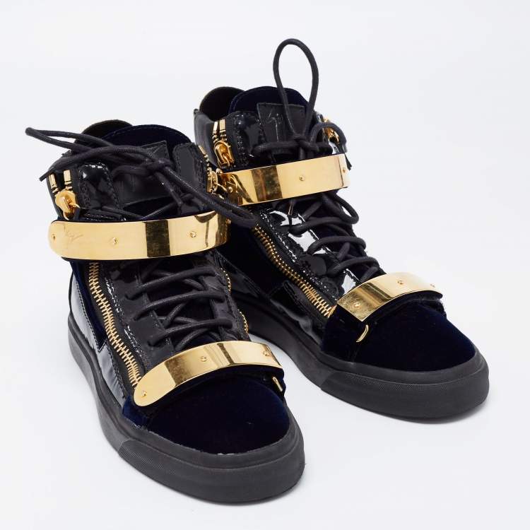 Pre Owned Giuseppe Zanotti Navy Blue/Black Velvet, Patent and Leather Coby High Top Sneakers Size 39