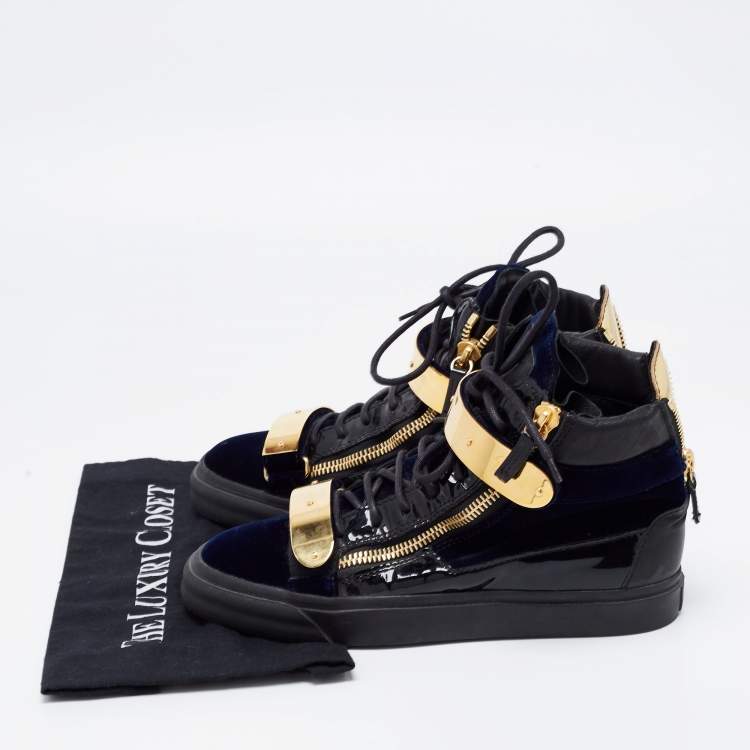 Pre Owned Giuseppe Zanotti Navy Blue/Black Velvet, Patent and Leather Coby High Top Sneakers Size 39