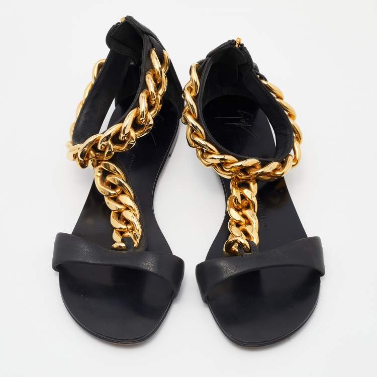 Pre Owned Giuseppe Zanotti Black Leather Chain Link Flat Sandals Size 37