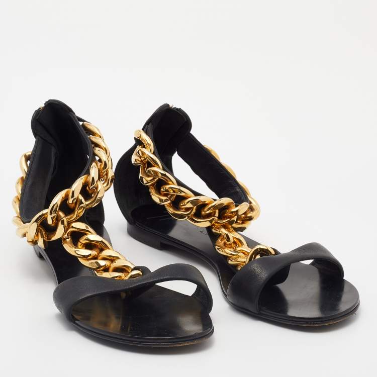 Pre Owned Giuseppe Zanotti Black Leather Chain Link Flat Sandals Size 37