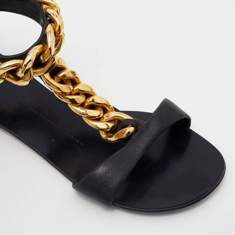 Pre Owned Giuseppe Zanotti Black Leather Chain Link Flat Sandals Size 37