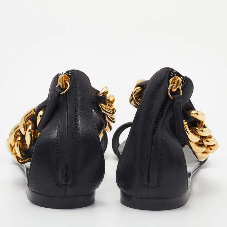 Pre Owned Giuseppe Zanotti Black Leather Chain Link Flat Sandals Size 37
