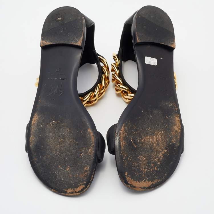 Pre Owned Giuseppe Zanotti Black Leather Chain Link Flat Sandals Size 37