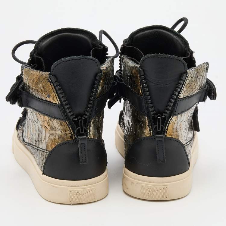 Pre Owned Giuseppe Zanotti Gold/Black Python Embossed Leather Coby High Top Sneakers Size 37