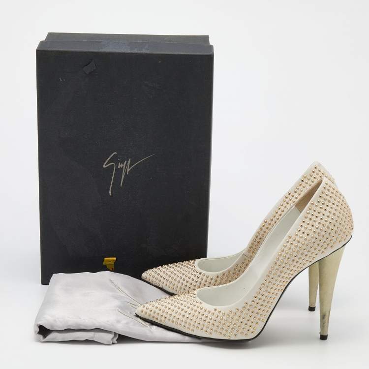 Pre Owned Giuseppe Zanotti Off White Leather Ester Embellished Pumps Size 38