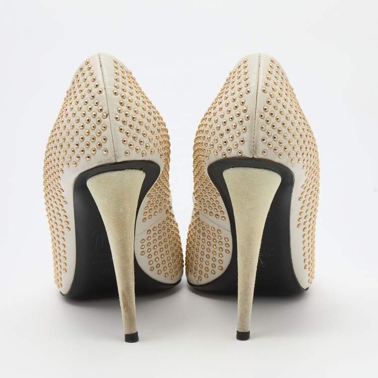 Pre Owned Giuseppe Zanotti Off White Leather Ester Embellished Pumps Size 38