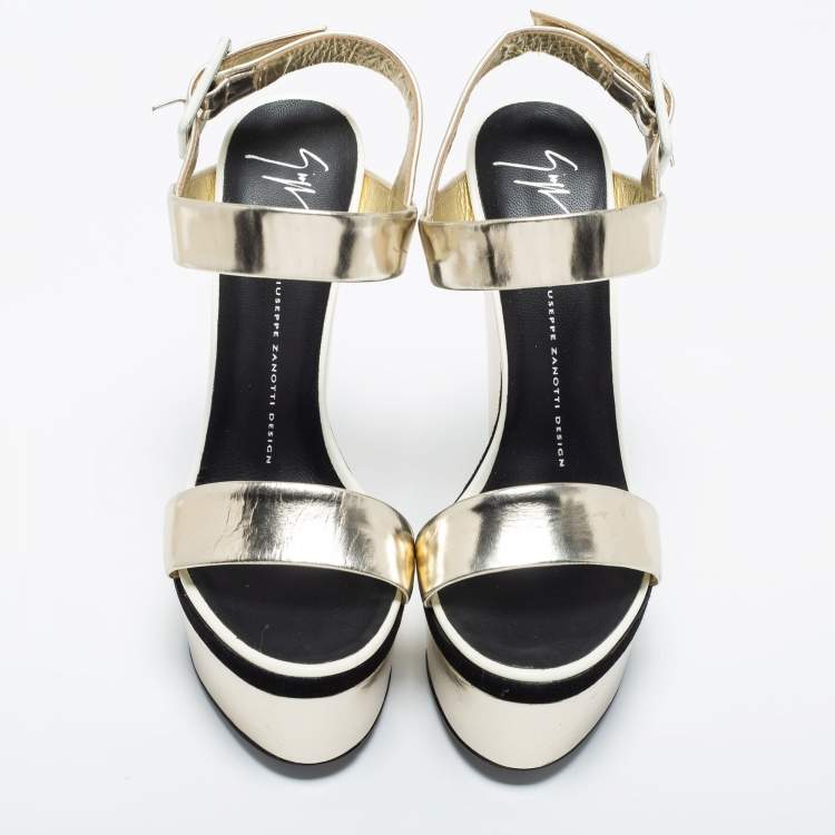 Pre Owned Giuseppe Zanotti Gold Leather Platform Block Heel Sandals  Size 39
