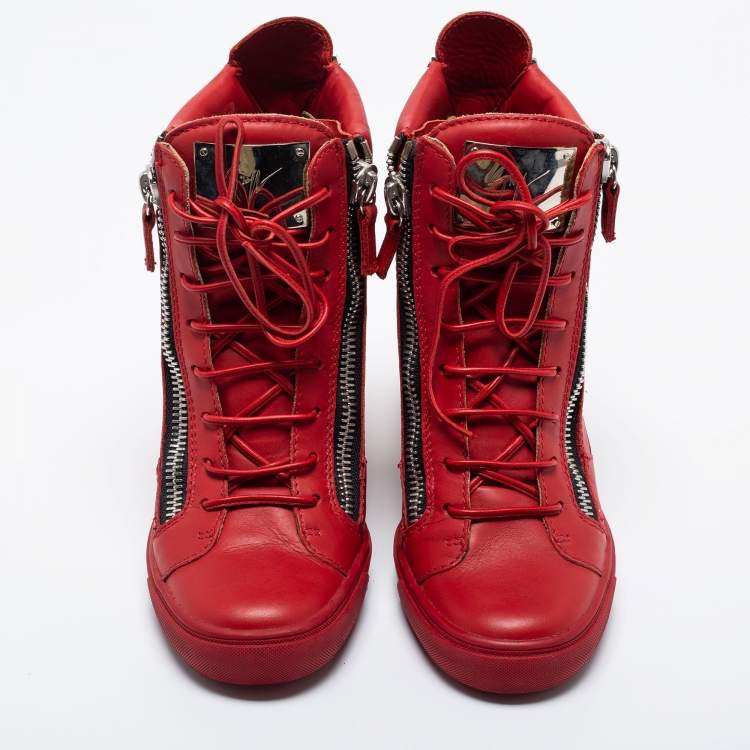 Pre Owned Giuseppe Zanotti Red Leather High Top Wedge Sneakers Size 39