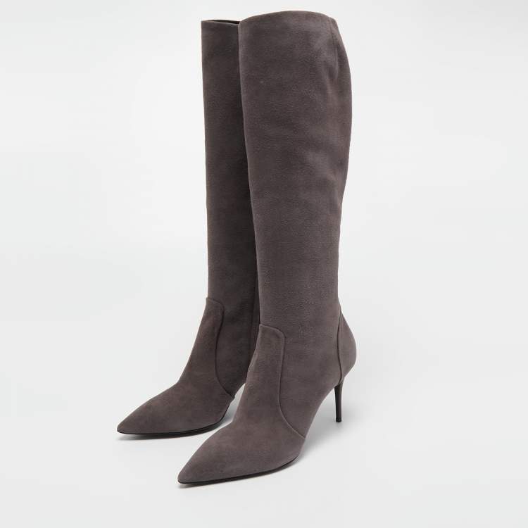مملوكة مسبقًا Giuseppe Zanotti Grey Suede Pointed Toe Knee Length Boots Size 38.5