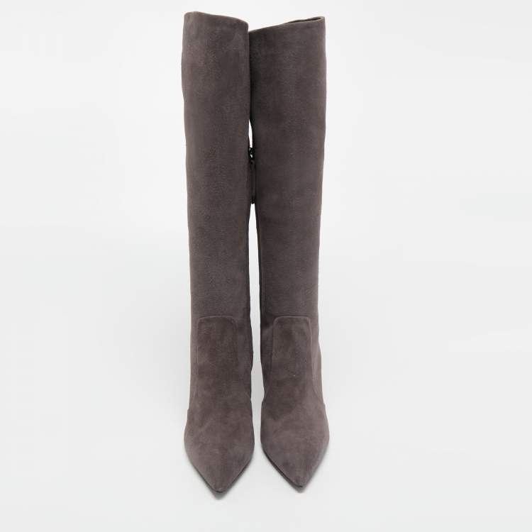 مملوكة مسبقًا Giuseppe Zanotti Grey Suede Pointed Toe Knee Length Boots Size 38.5