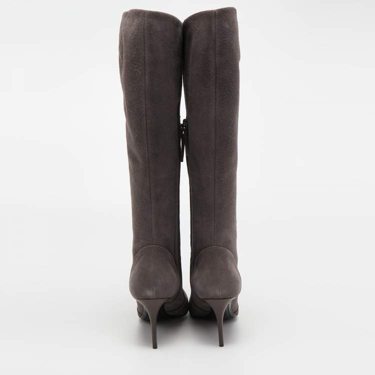 مملوكة مسبقًا Giuseppe Zanotti Grey Suede Pointed Toe Knee Length Boots Size 38.5