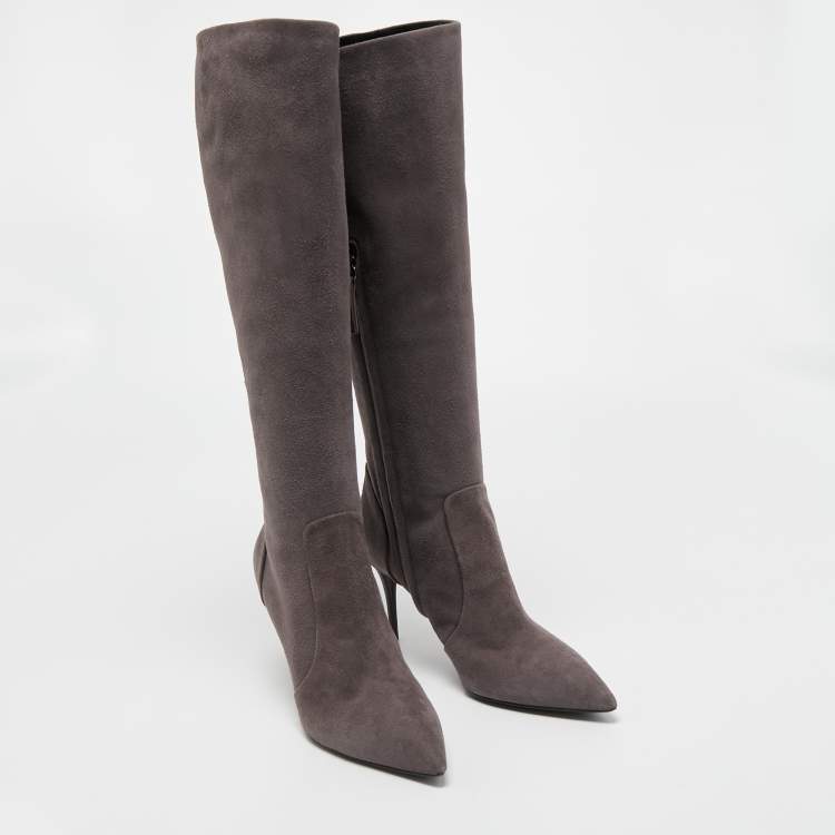 مملوكة مسبقًا Giuseppe Zanotti Grey Suede Pointed Toe Knee Length Boots Size 38.5