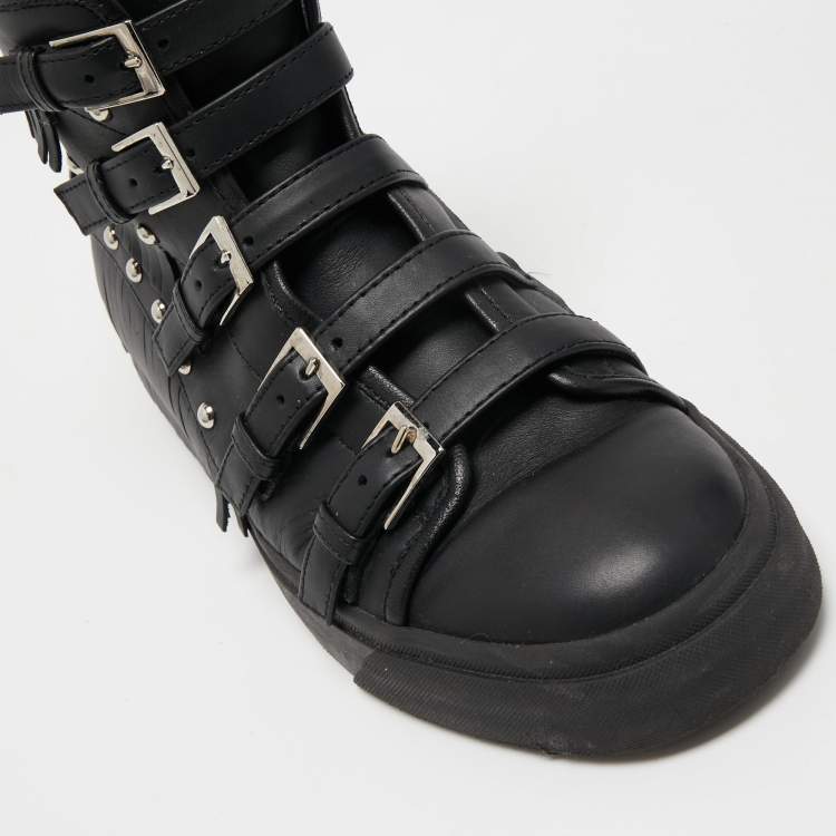 Pre Owned Giuseppe Zanotti Black Leather Buckle and Studded Fringe Detail High Top Sneakers Size 39.5