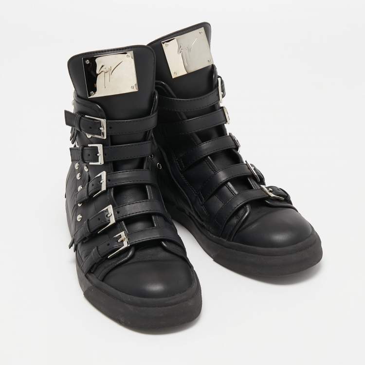 Pre Owned Giuseppe Zanotti Black Leather Buckle and Studded Fringe Detail High Top Sneakers Size 39.5