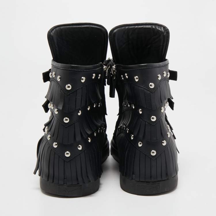 Pre Owned Giuseppe Zanotti Black Leather Buckle and Studded Fringe Detail High Top Sneakers Size 39.5