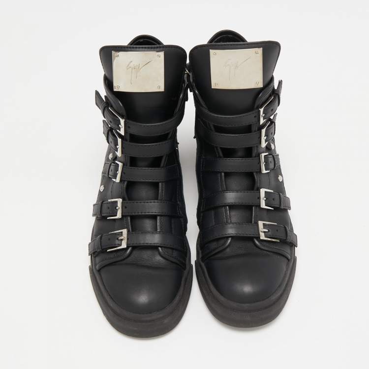 Pre Owned Giuseppe Zanotti Black Leather Buckle and Studded Fringe Detail High Top Sneakers Size 39.5