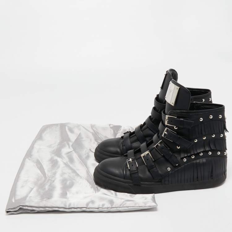 Pre Owned Giuseppe Zanotti Black Leather Buckle and Studded Fringe Detail High Top Sneakers Size 39.5