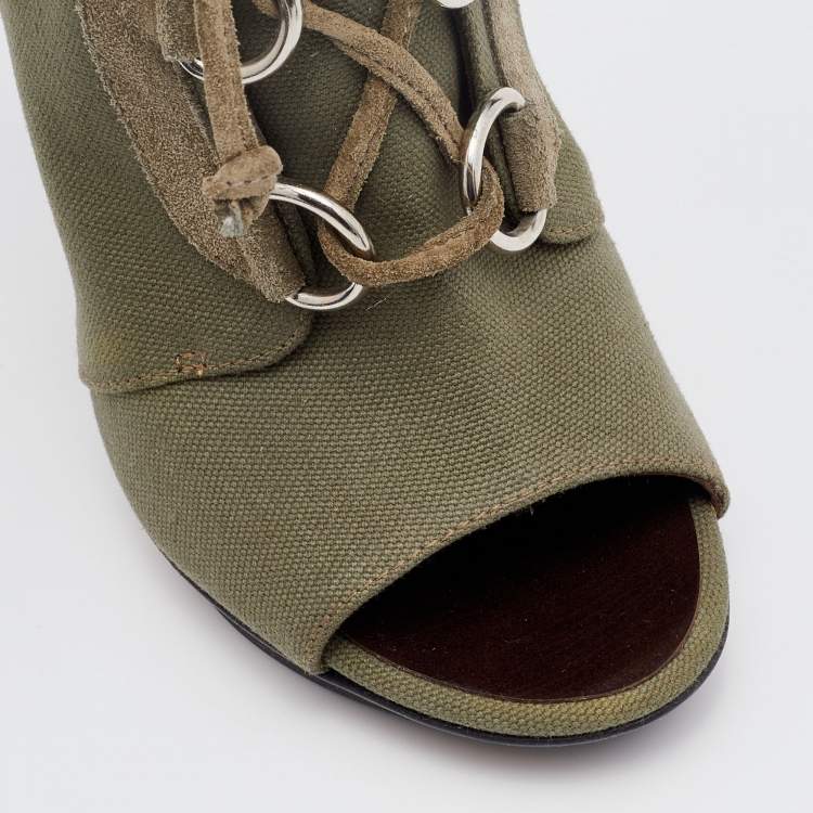 Pre Owned Giuseppe Zanotti Olive Green Canvas and Suede Lace Up Booties Size 37