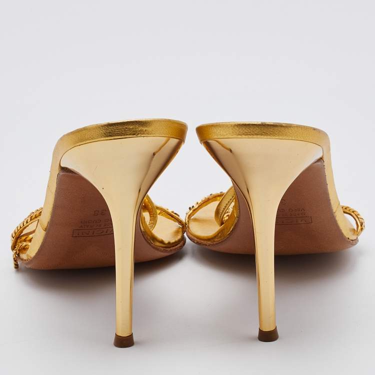 مملوكة مسبقًا Giuseppe Zanotti Metallic Gold Leather and Chain Link Ankle Strap Sandals Size 38