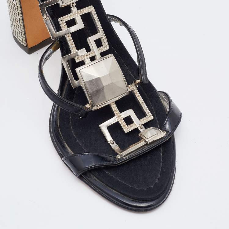 مملوكة مسبقًا Giuseppe Zanotti Black Patent Leather Block Heel Ankle Strap Sandals Size 37