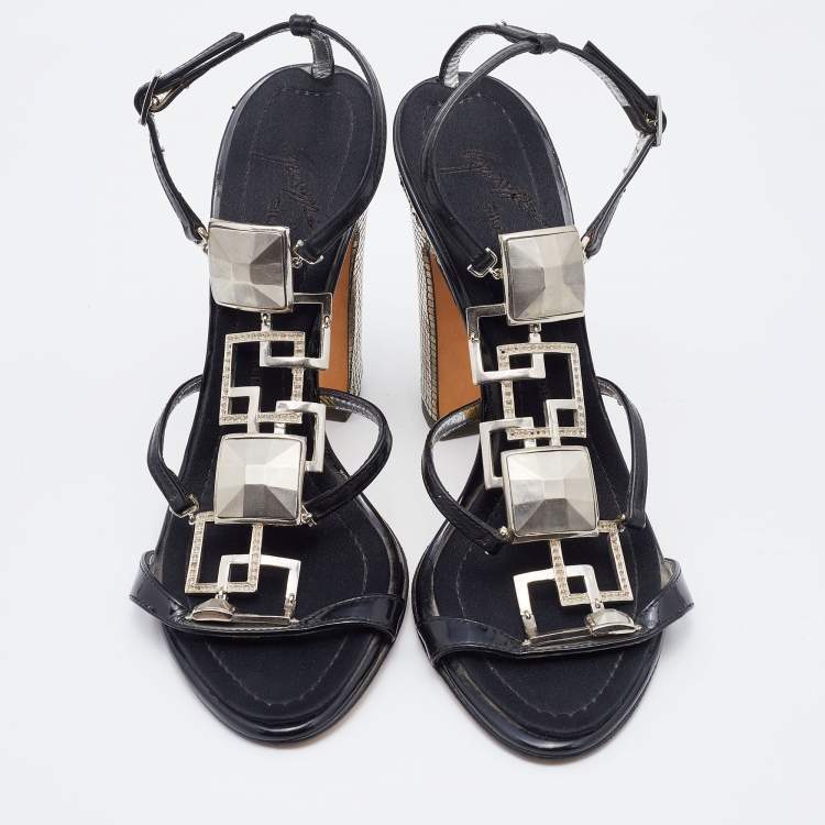مملوكة مسبقًا Giuseppe Zanotti Black Patent Leather Block Heel Ankle Strap Sandals Size 37